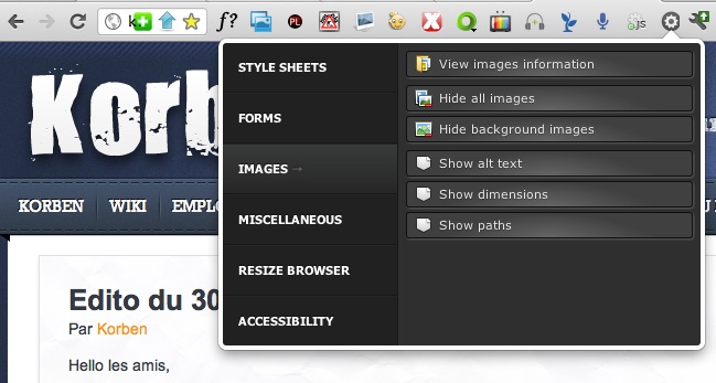 Pendule pour Chrome - Une extension digne de la Web Developer Toolbar - capture d'écran de l'interface utilisateur