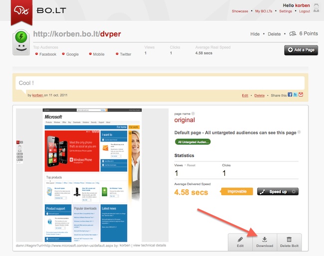 Capture d'écran de la page d'accueil de Bo.lt, un outil pour archiver des pages web