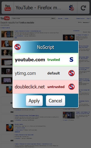 Capture d'écran de l'interface utilisateur de NoScript Anywhere sur Firefox Mobile
