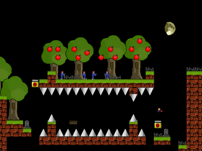 Capture d'écran du jeu vidéo I Wanna Be The Guy avec le personnage principal sautant sur une plateforme