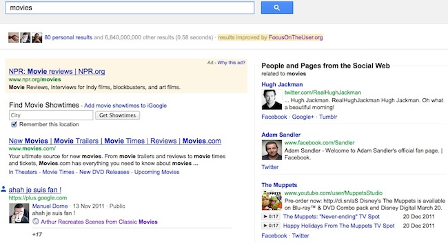 Capture d'écran : Exemple de résultats sociaux sur Google