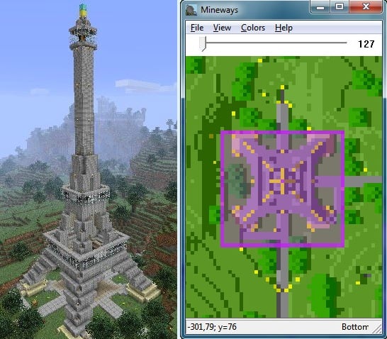 Représentation en 3D d'un bâtiment de Minecraft sur un terrain réel