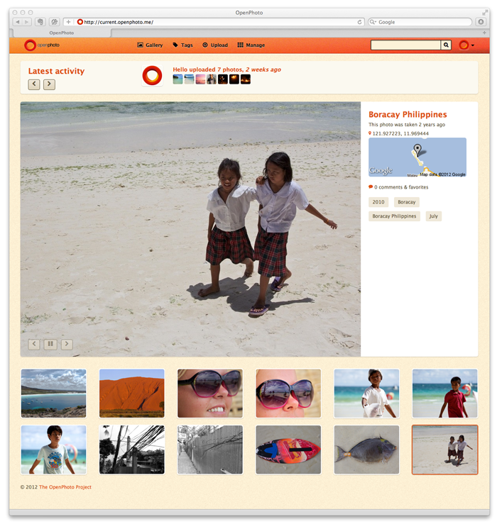 Capture d'écran de l'interface OpenPhoto permettant de gérer vos photos en ligne