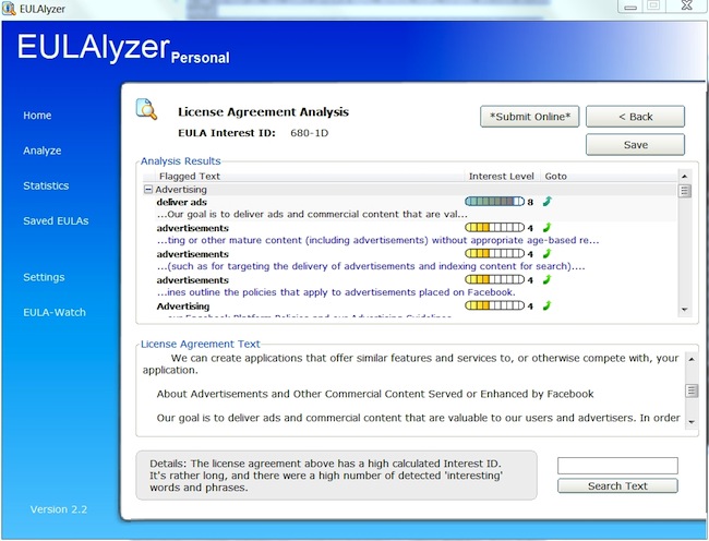 Capture d'écran de la page d'accueil d'EULAlyzer