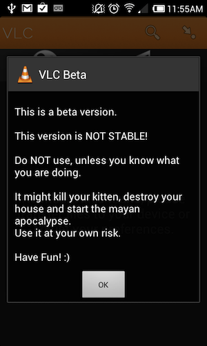 Capture d'écran de l'interface utilisateur de VLC Beta pour Android