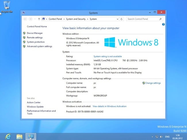 Capture d'écran de la page de téléchargement de Windows 8 Enterprise N