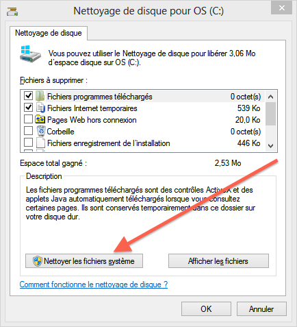 Fichier de nettoyage de disque avant et après la mise à jour de Windows 8