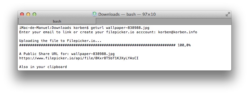 Capture d'écran du terminal montrant une commande d'envoi de fichier vers Filepicker
