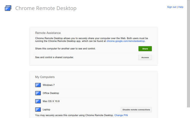 Capture d'écran de l'interface utilisateur de Chrome Remote Desktop
