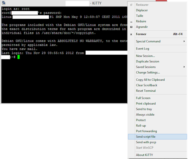 Hello KiTTY sur mon SSH - Capture d'écran du terminal avec un fond noir et des caractères verts