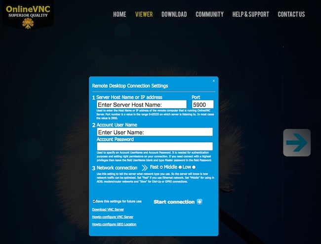 Capture d'écran de la page de connexion VNC avec des instructions étape par étape
