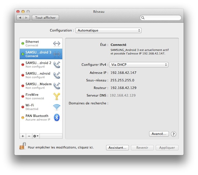 Capture d'écran de l'interface de configuration de l'USB Tethering sous Mac