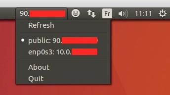 Capture d'écran de la barre d'état d'Ubuntu affichant l'adresse IP publique