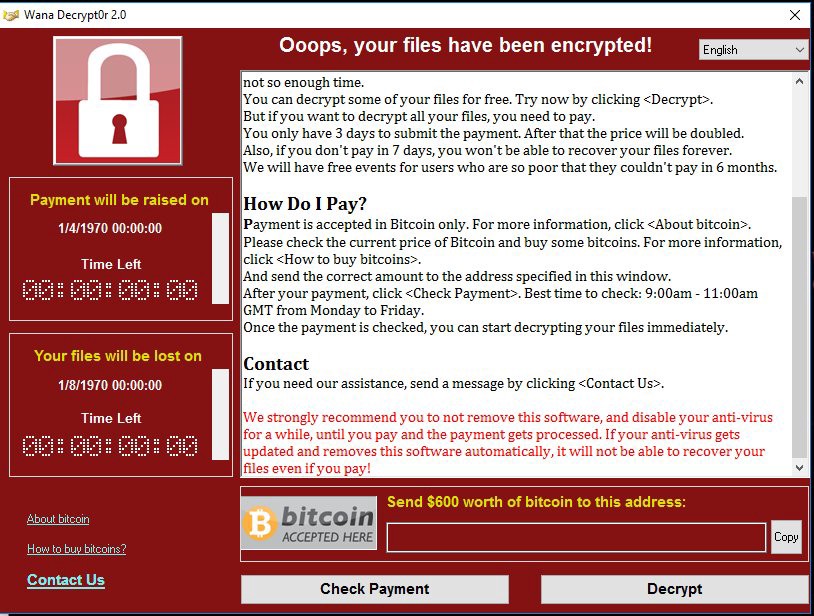Capture d'écran de la page d'accueil du site web du gouvernement britannique suite à l'attaque WannaCry