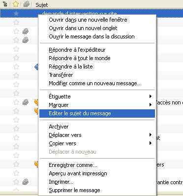 Capture d'écran de l'interface de Thunderbird avec la boîte de dialogue des options de l'affichage des titres d'e-mails