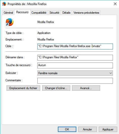 Capture d'écran de la fenêtre de commande de Firefox avec les paramètres