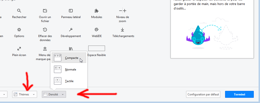 Capture d'écran du menu des options de Firefox avec l'option 'Personnaliser' sélectionnée