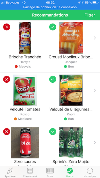 Capture d'écran du comparateur de produits alimentaires dans l'application Yuka