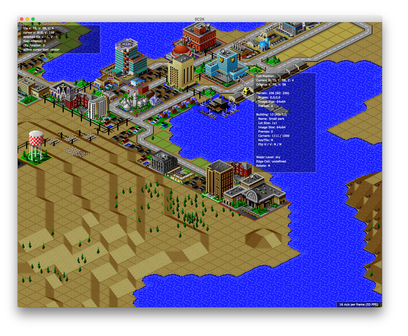 Capture d'écran du jeu OpenSC2K montrant une ville en développement