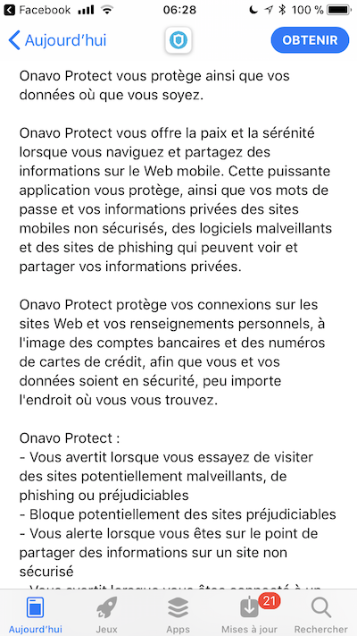 Image de smartphone montrant l'application Onavo Protect en action