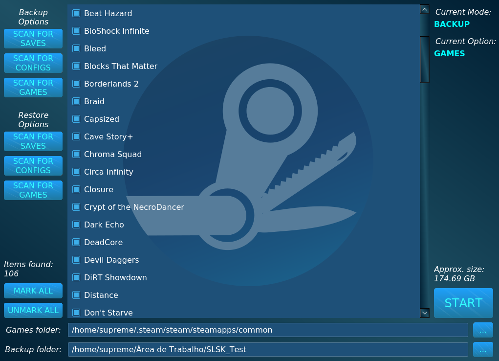 Interface de l'outil de sauvegarde Steam pour Linux