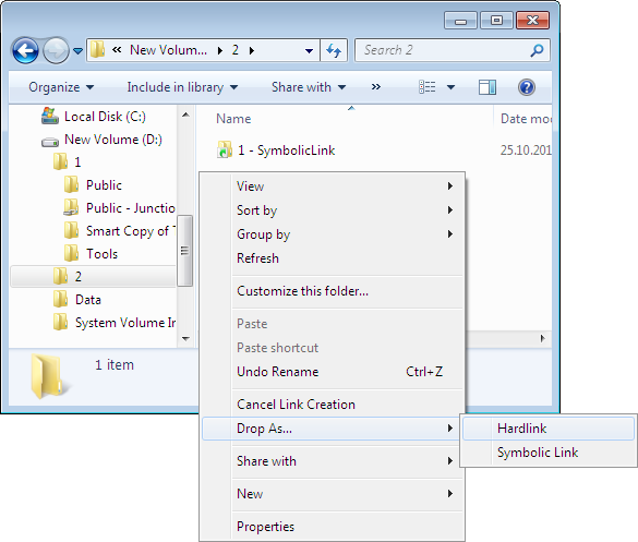 Capture d'écran de la création d'un lien symbolique sur Windows
