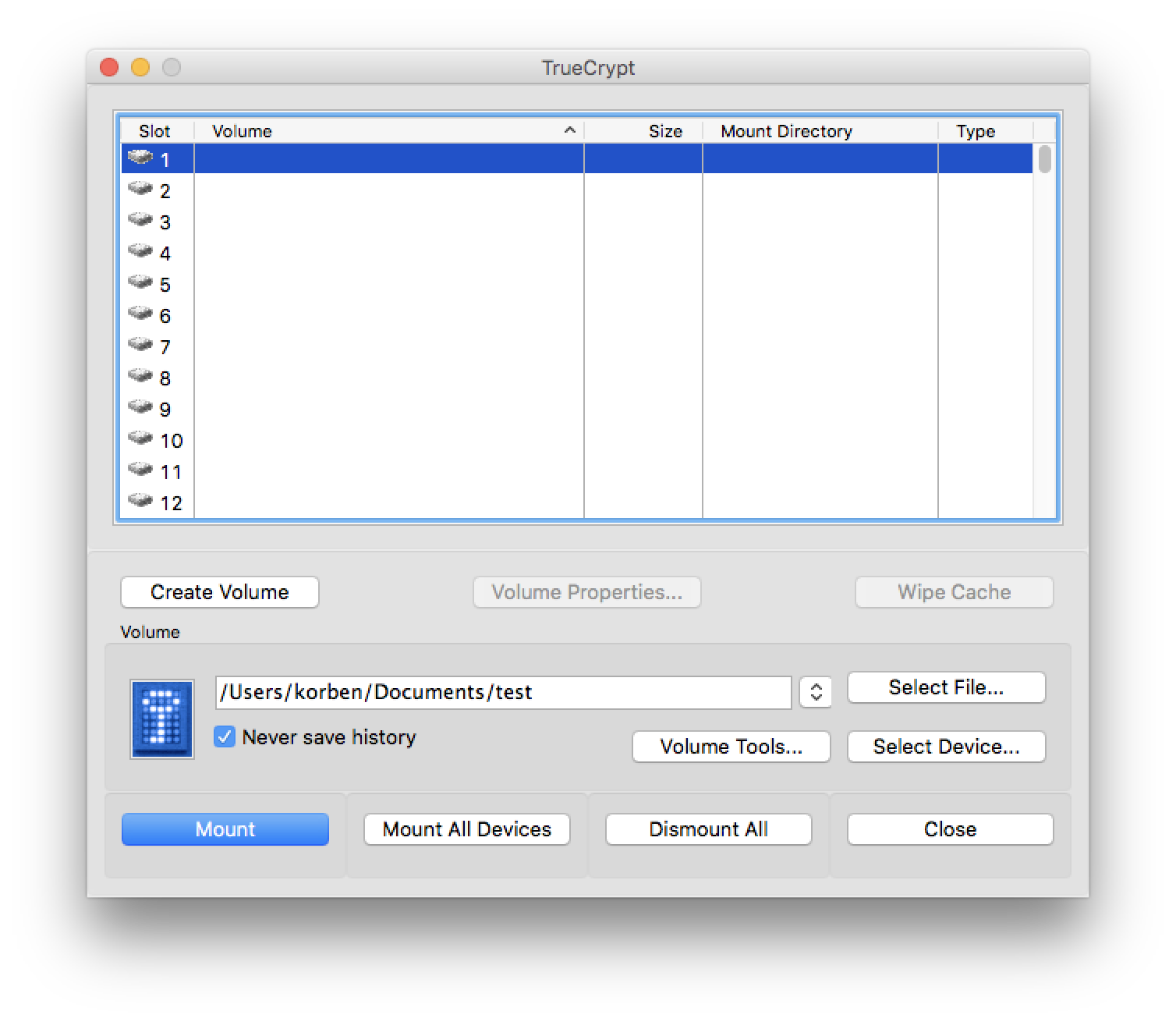 Capture d'écran de TrueCrypt fonctionnant sur Mac OS X 10.4