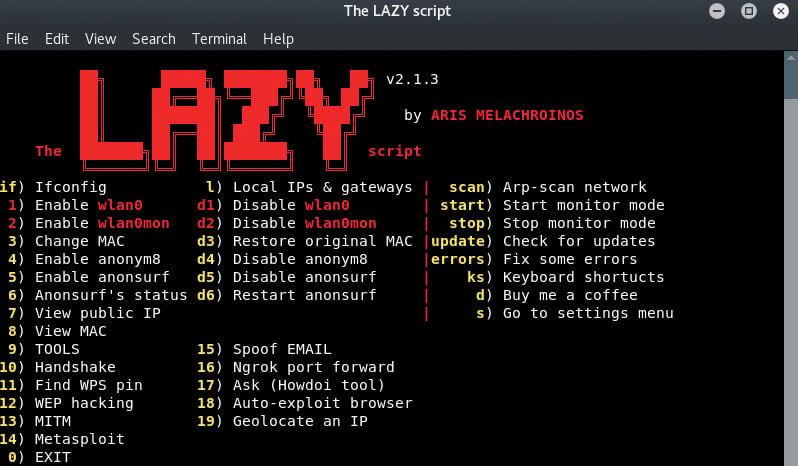 Capture d'écran de l'interface Lazy Script pour automatiser Kali Linux