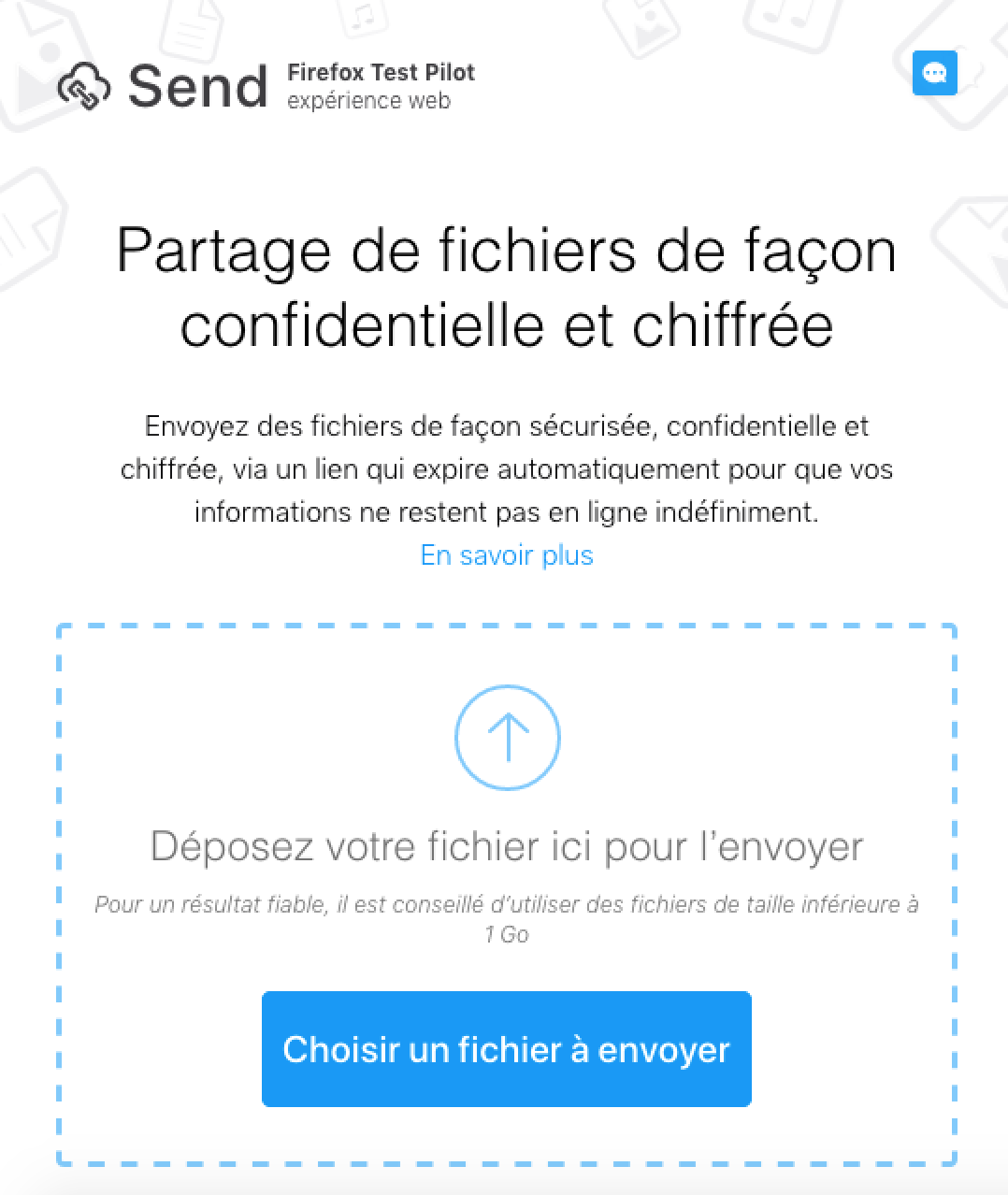 Page d'accueil de Firefox Send avec un bouton pour envoyer des fichiers