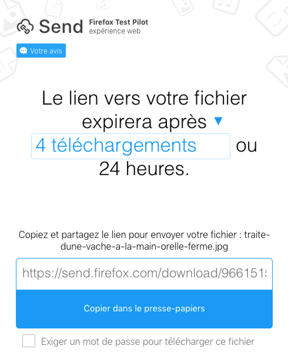 Interface de téléchargement de fichiers sur Firefox Send