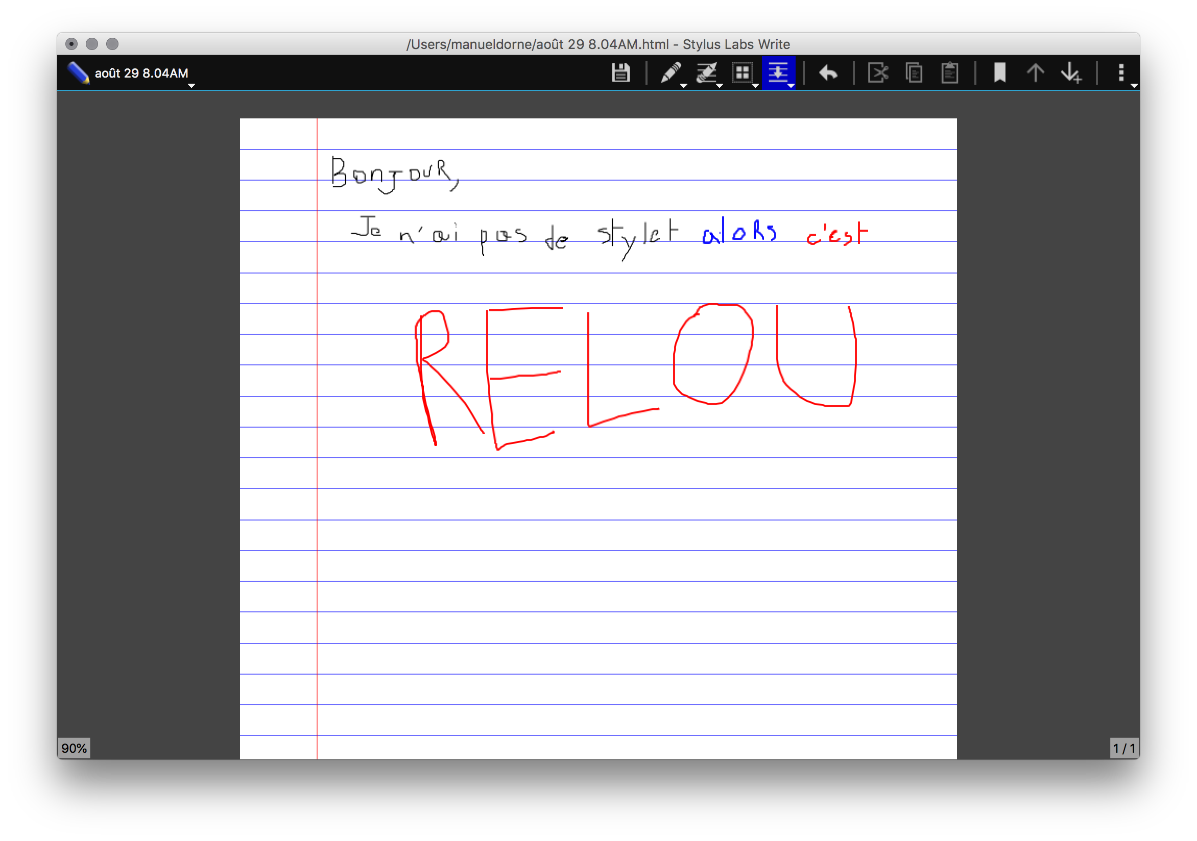 Capture d'écran de l'interface utilisateur de Write, montrant la fonction d'écriture manuscrite