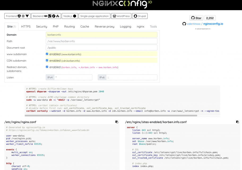 Capture d'écran de l'interface utilisateur de NGINX montrant la génération de fichiers de configuration