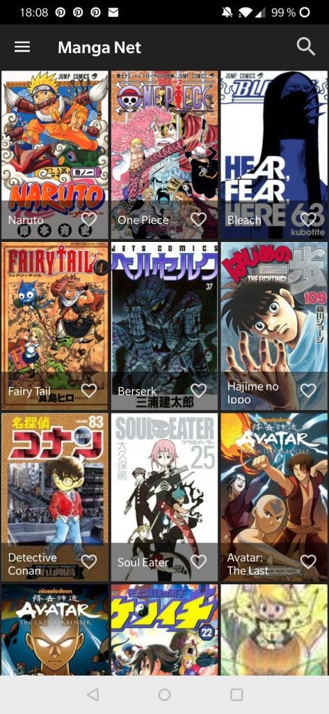 Capture d'écran de l'application Manga Net sur un smartphone Android