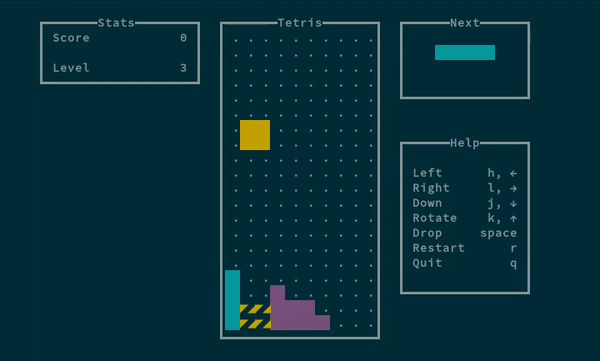 Capture d'écran du jeu Tetris dans un terminal Unix