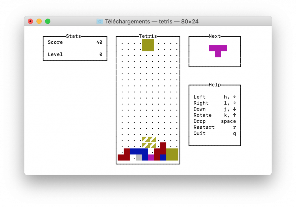 Exemple de code source pour intégrer le jeu Tetris dans un terminal