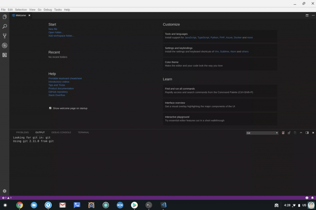 Capture d'écran de l'interface de Visual Studio Code en cours d'installation sur un Chromebook