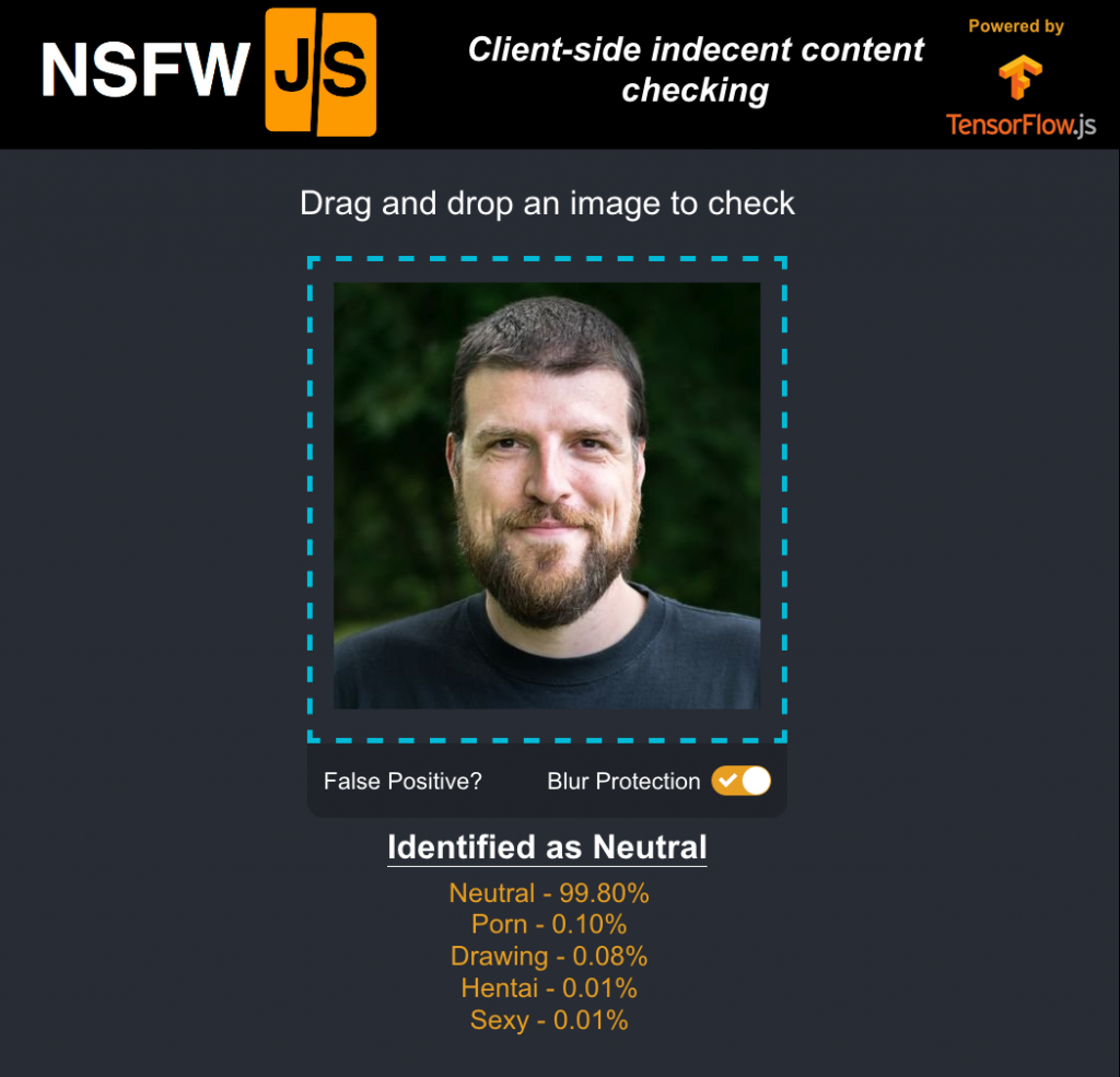 Capture d'écran du code de NSFW JS montrant comment détecter les images inappropriées.