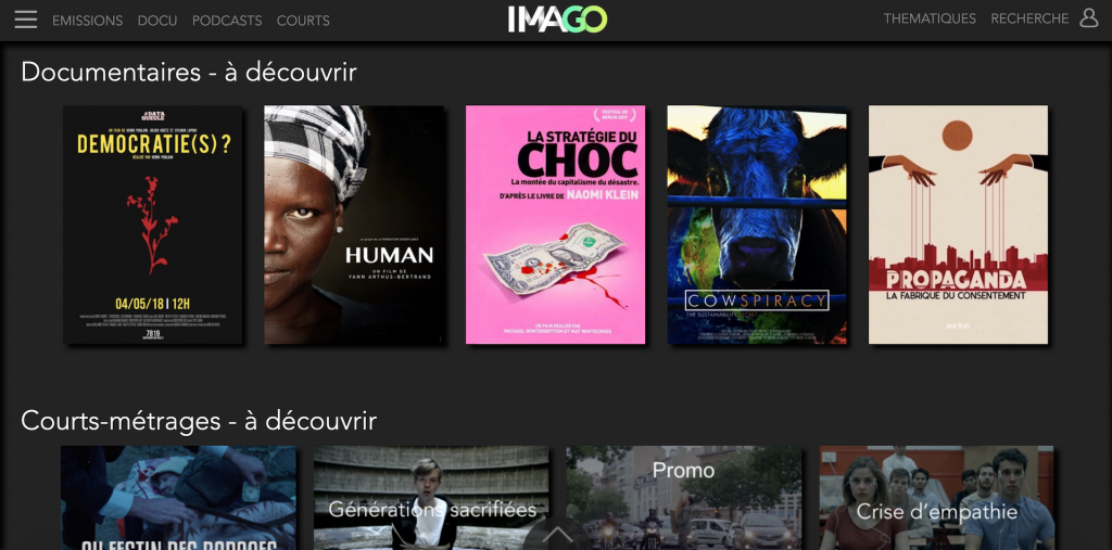 Capture d'écran de la page d'accueil d'Imago, la plateforme de streaming écolo