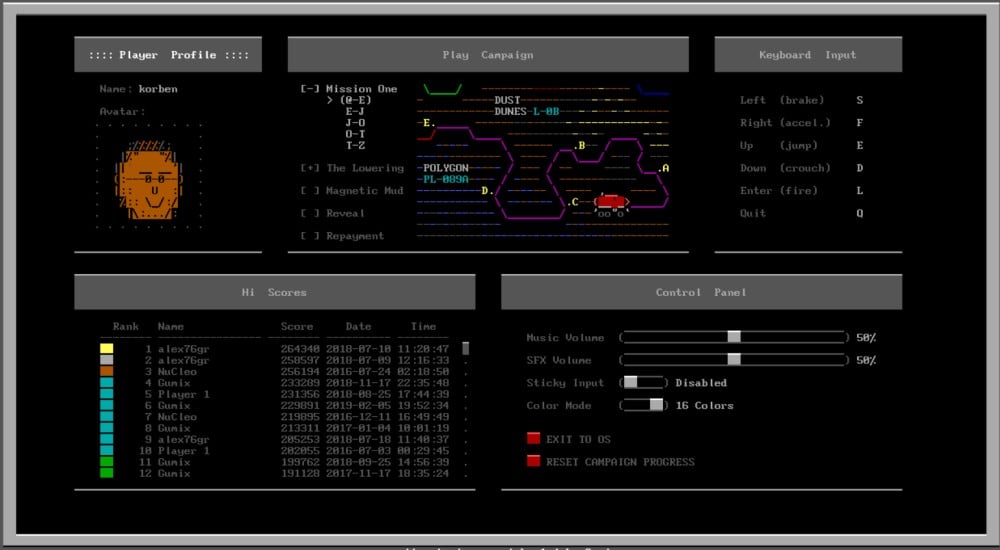 Capture d'écran de Moon Patrol en mode ASCII dans un terminal Linux