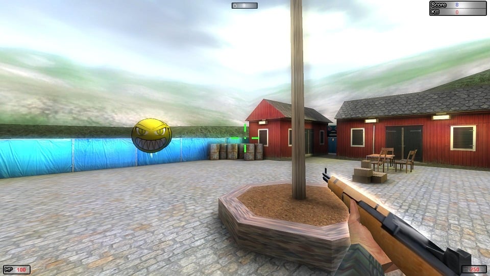Capture d'écran du jeu Wolfenstein 3D montrant le joueur en train de tirer sur un ennemi dans un couloir sombre