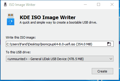 Capture d'écran de l'interface utilisateur de KDE ISO Image Writer pour Windows
