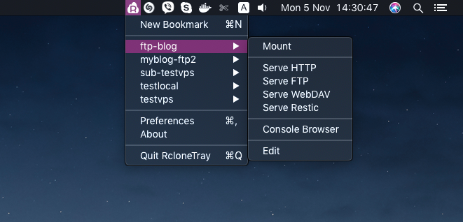 Capture d'écran du logiciel Rclone Tray sur Windows