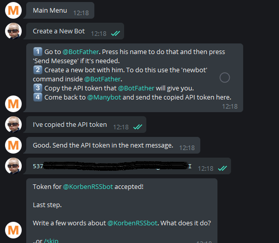 Capture d'écran de la page de création de bot sur Telegram