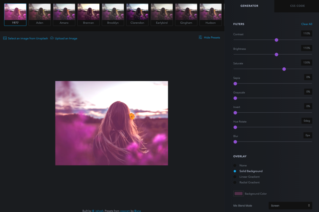 Capture d'écran d'une page web montrant des filtres Instagram appliqués en CSS