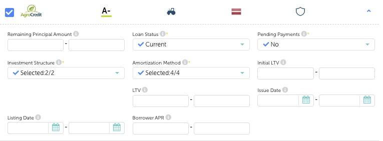 Image montrant les différentes options de filtrage disponibles pour la sélection des prêts sur Mintos