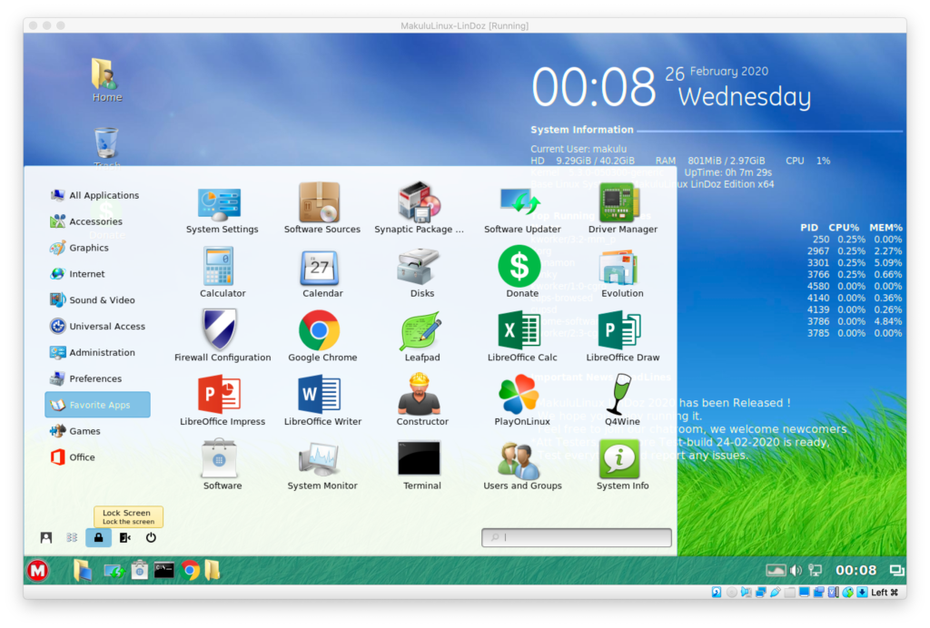 Capture d'écran du bureau Linux montrant l'interface graphique