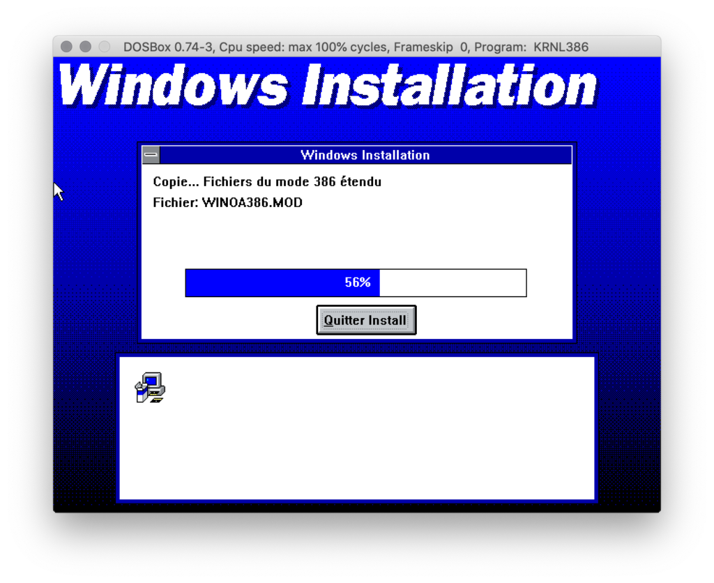 Photo de l'installation de Windows 3.11 sur un ordinateur portable