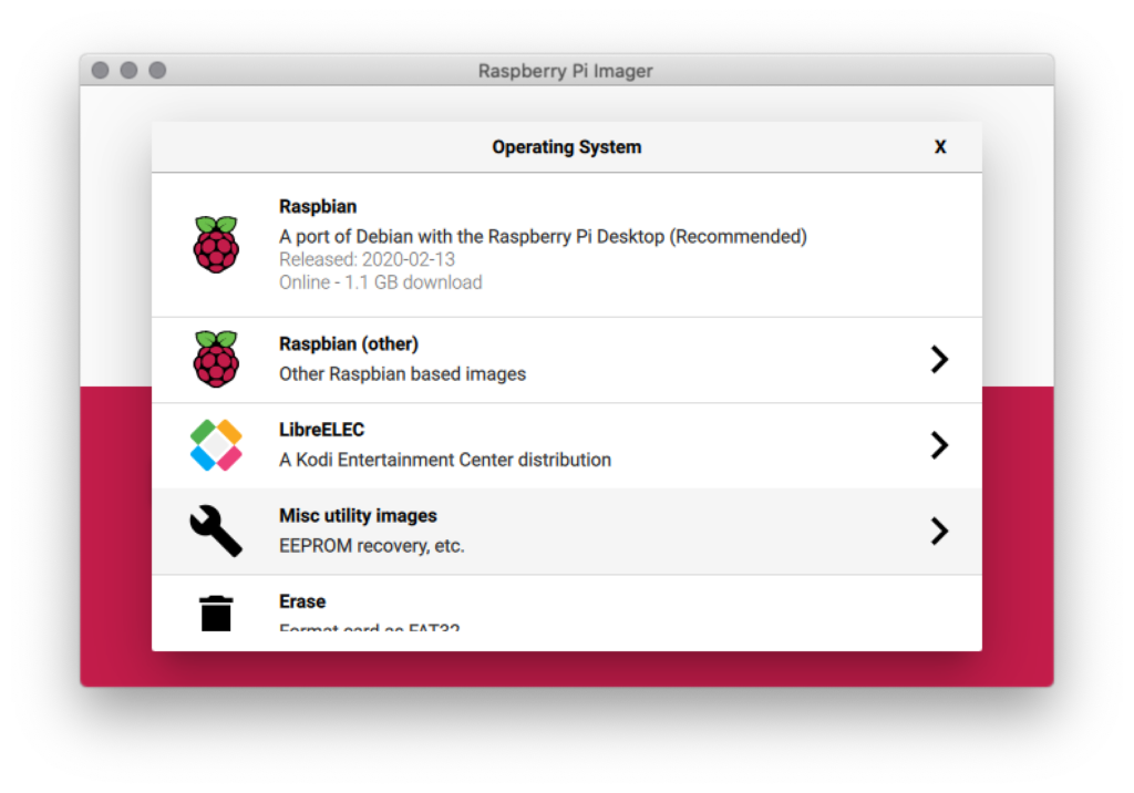 Image illustrant les différentes étapes pour utiliser l'outil de la Fondation Raspberry Pi pour déployer une distribution Linux sur une carte SD