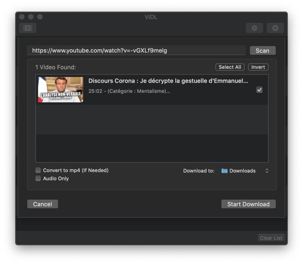 Capture d'écran de l'interface de ViDL sur MacBook Pro