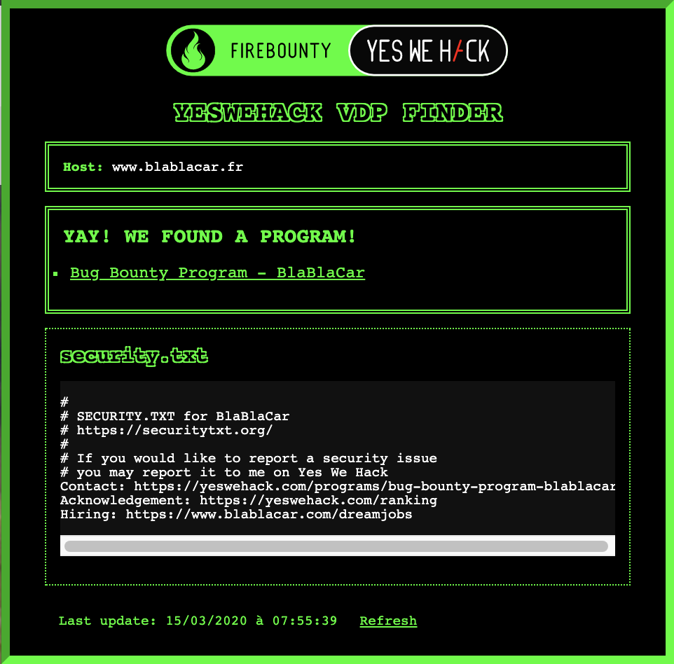 Capture d'écran de l'extension Bug Bounty Finder en action sur un site web